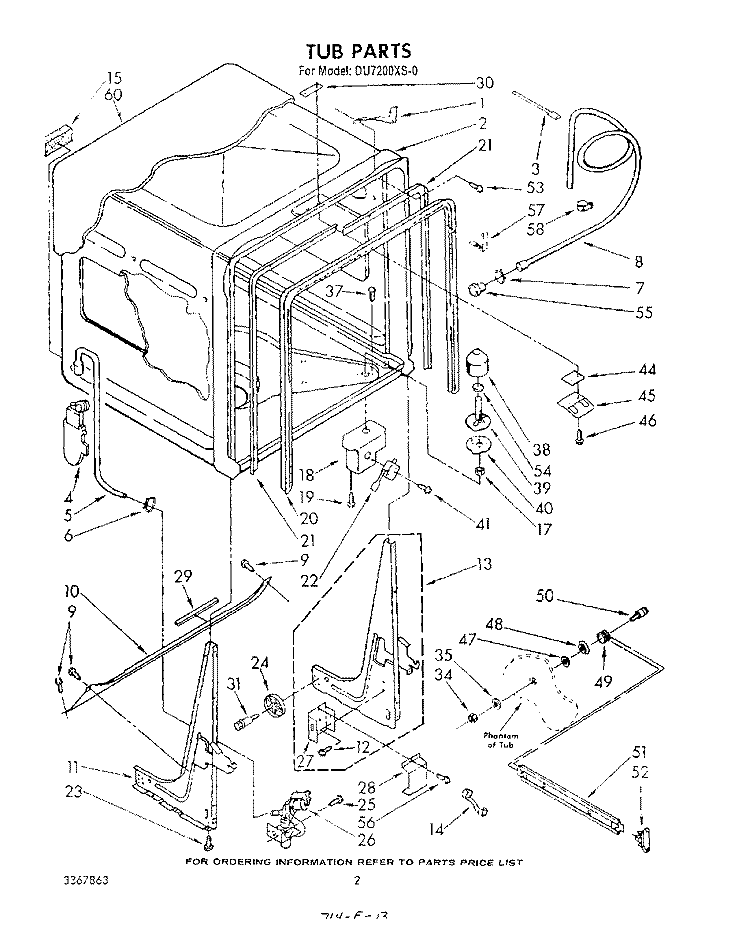 TUB , LIT/OPTIONAL Diagram and Parts List for DU7200XS0  Whirlpool Dishwasher