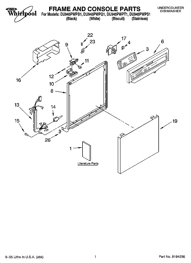 FRAME AND CONSOLE PARTS Diagram and Parts List for DU945PWPT1  Whirlpool Dishwasher