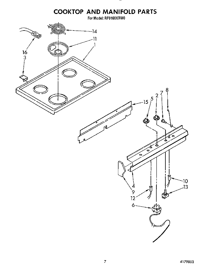 COOKTOP AND MANIFOLD Diagram and Parts List for RF0100XRW0  Whirlpool Range