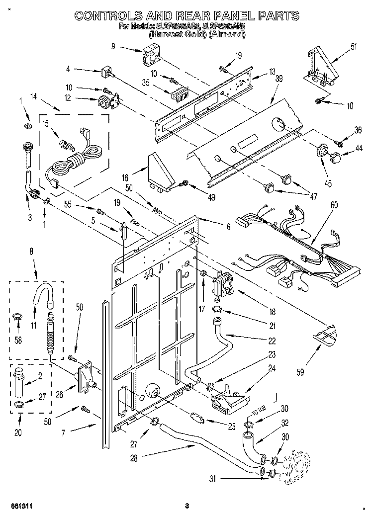 CONTROLS AND REAR PANEL Diagram and Parts List for 8LSP8245AN2  Whirlpool Washer