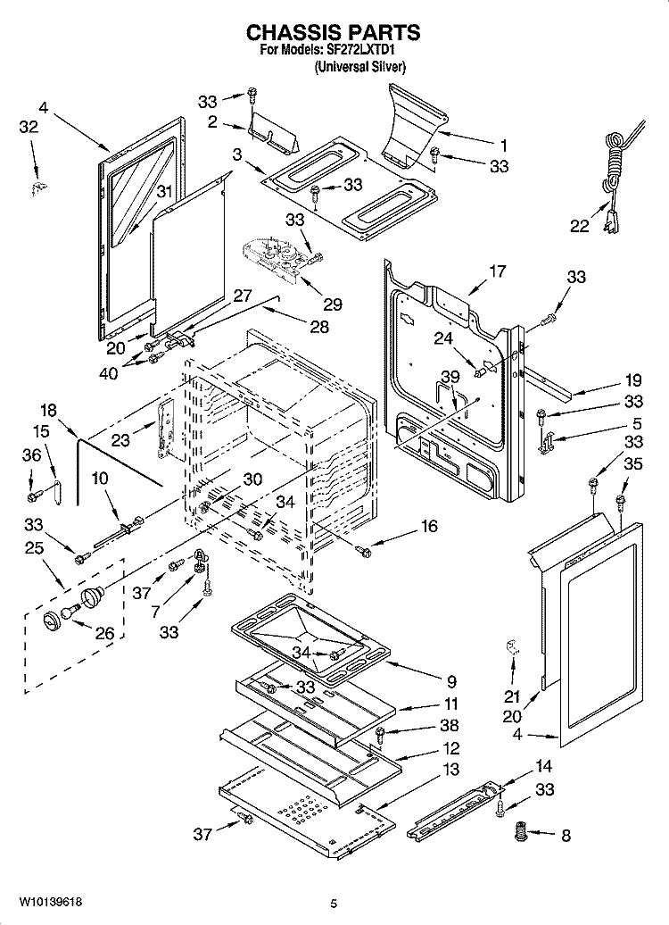 CHASSIS PARTS Diagram and Parts List for SF272LXTD1  Whirlpool Range