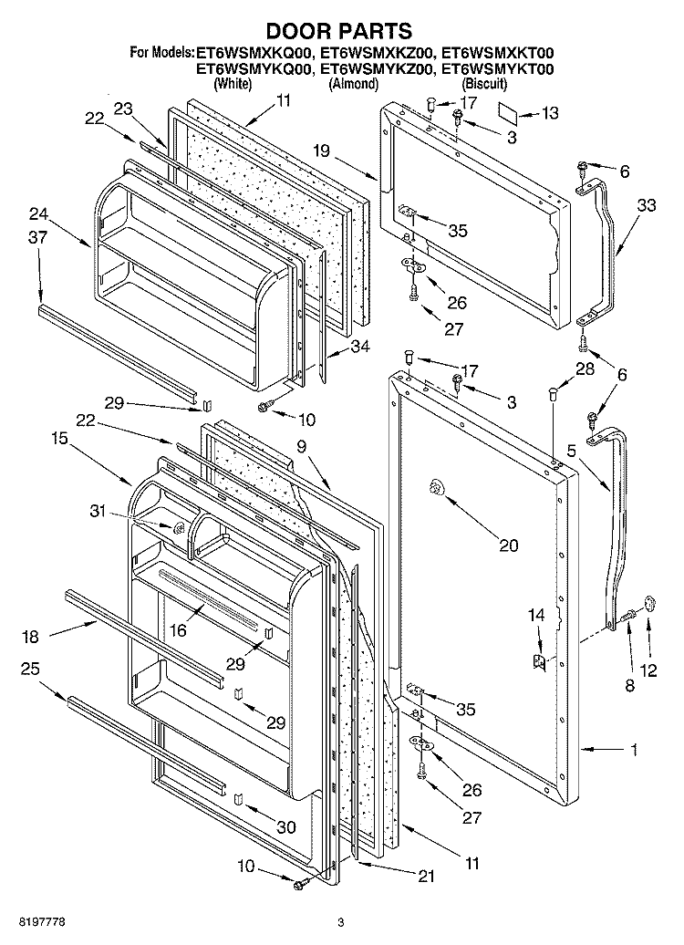 DOOR Diagram and Parts List for ET6WSMXKT00  Whirlpool Refrigerator