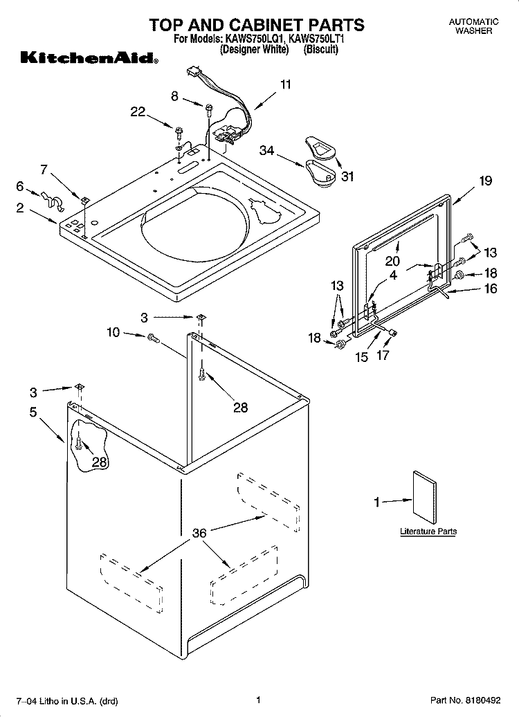 TOP AND CABINET PARTS Diagram and Parts List for KAWS750LT1  KitchenAid Washer