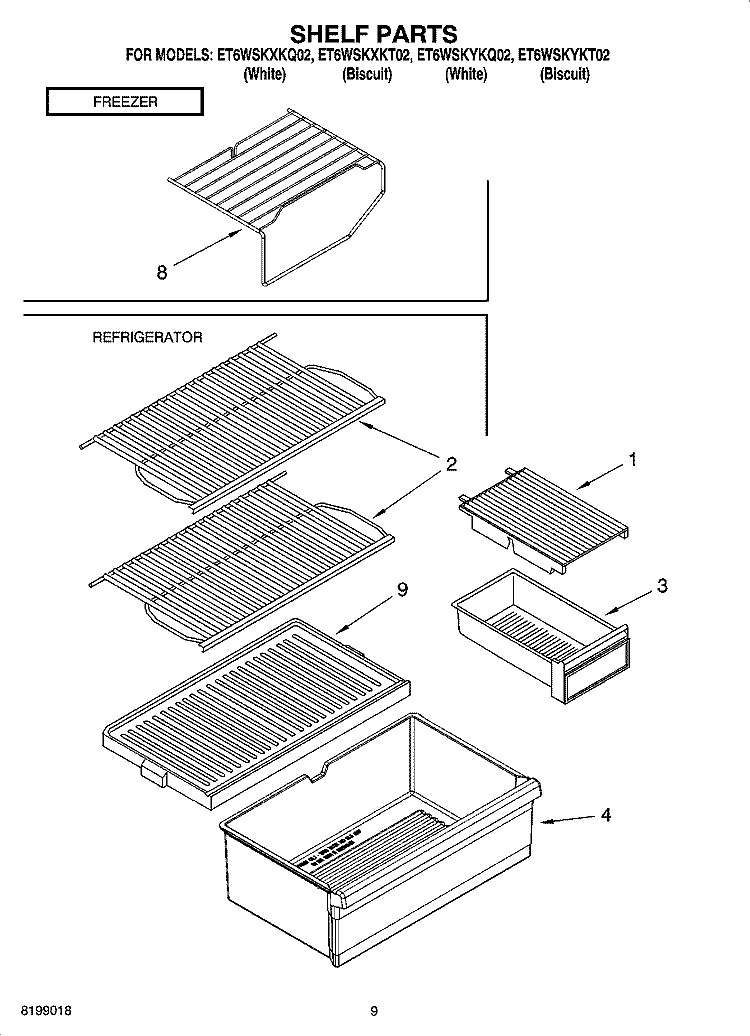 SHELF PARTS, OPTIONAL PARTS Diagram and Parts List for ET6WSKYKQ02  Whirlpool Refrigerator