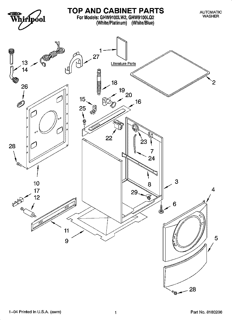 TOP AND CABINET PARTS Diagram and Parts List for GHW9100LW2  Whirlpool Washer