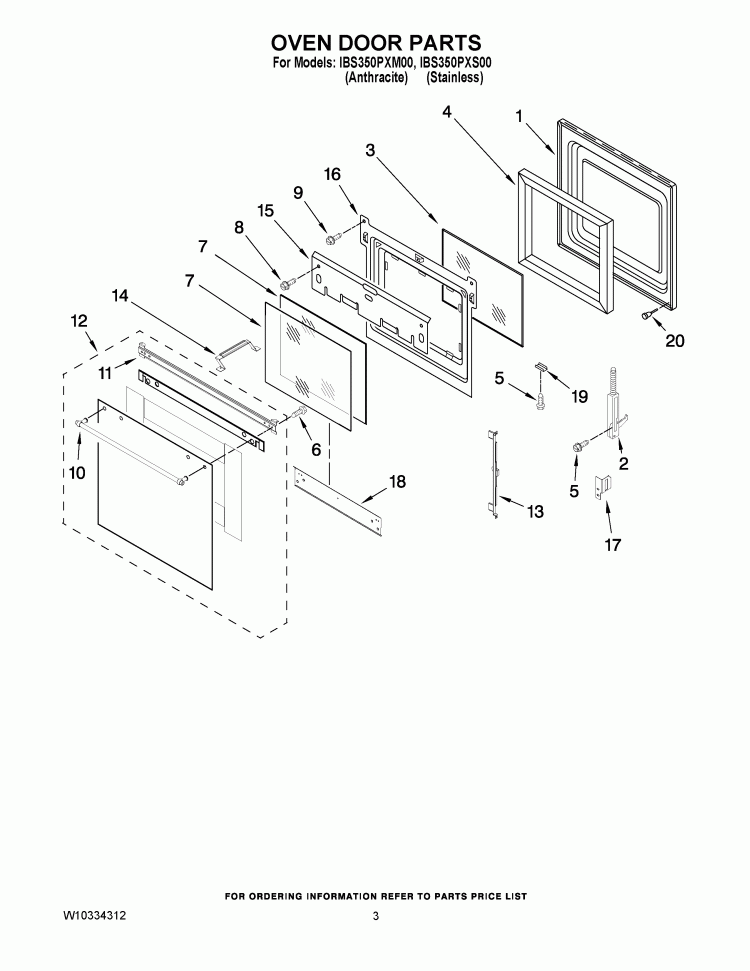 OVEN DOOR PARTS Diagram and Parts List for IBS350PXM00  Whirlpool Wall Oven