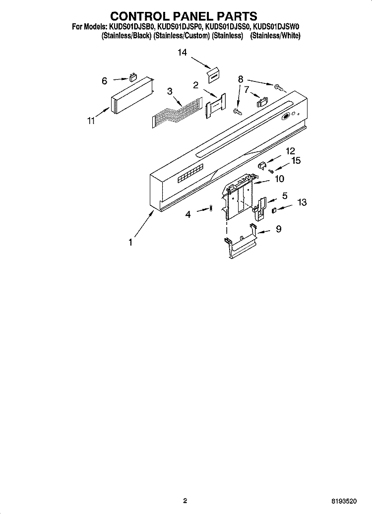 CONTROL PANEL PARTS Diagram and Parts List for KUDS01DJSP0  KitchenAid Dishwasher