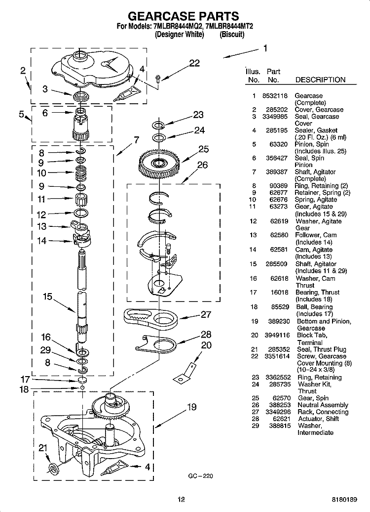 GEARCASE PARTS Diagram and Parts List for 7MLBR8444MQ2  Whirlpool Washer