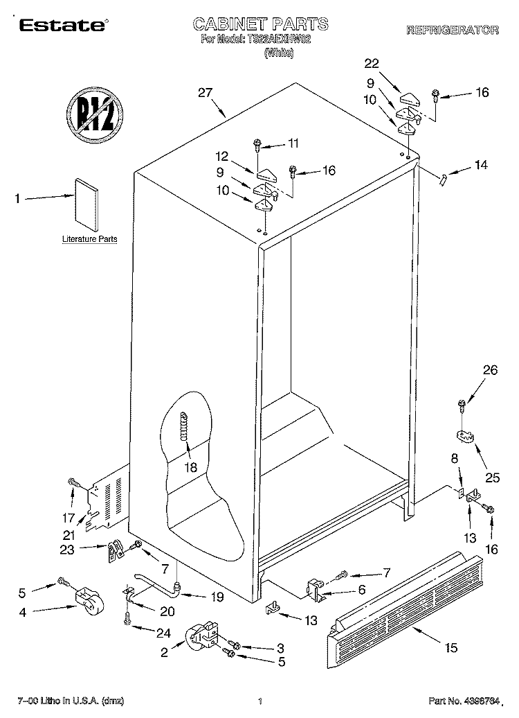 CABINET, LITERATURE Diagram and Parts List for TS22AEXHW02  Whirlpool Refrigerator