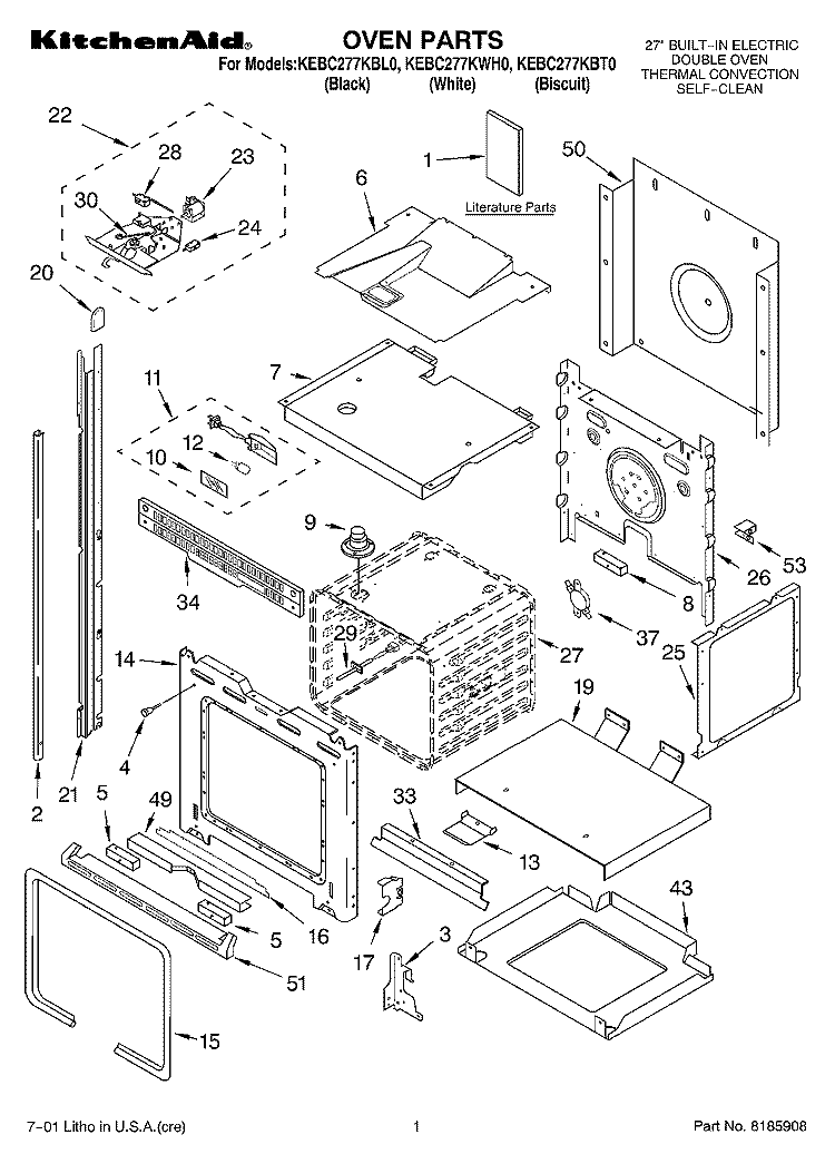 OVEN, LITERATURE Diagram and Parts List for KEBC277KWH0  KitchenAid Wall Oven