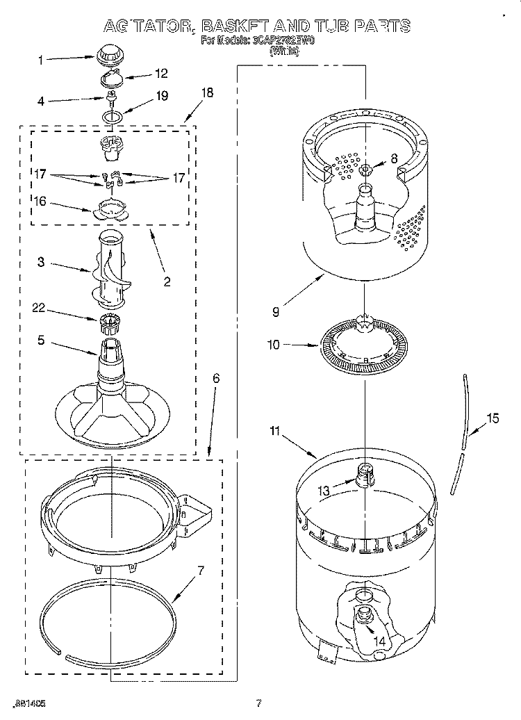 AGITATOR, BASKET AND TUB Diagram and Parts List for 6CAP2782EW0  Whirlpool Washer