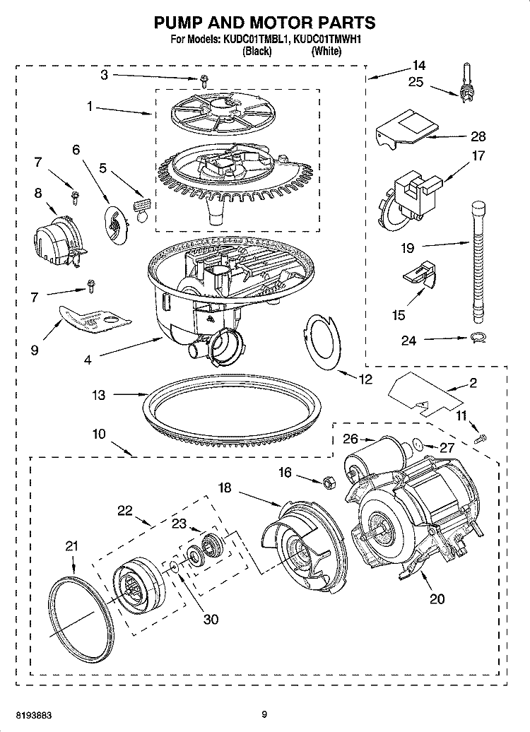 PUMP AND MOTOR PARTS Diagram and Parts List for KUDC01TMBL1  KitchenAid Dishwasher