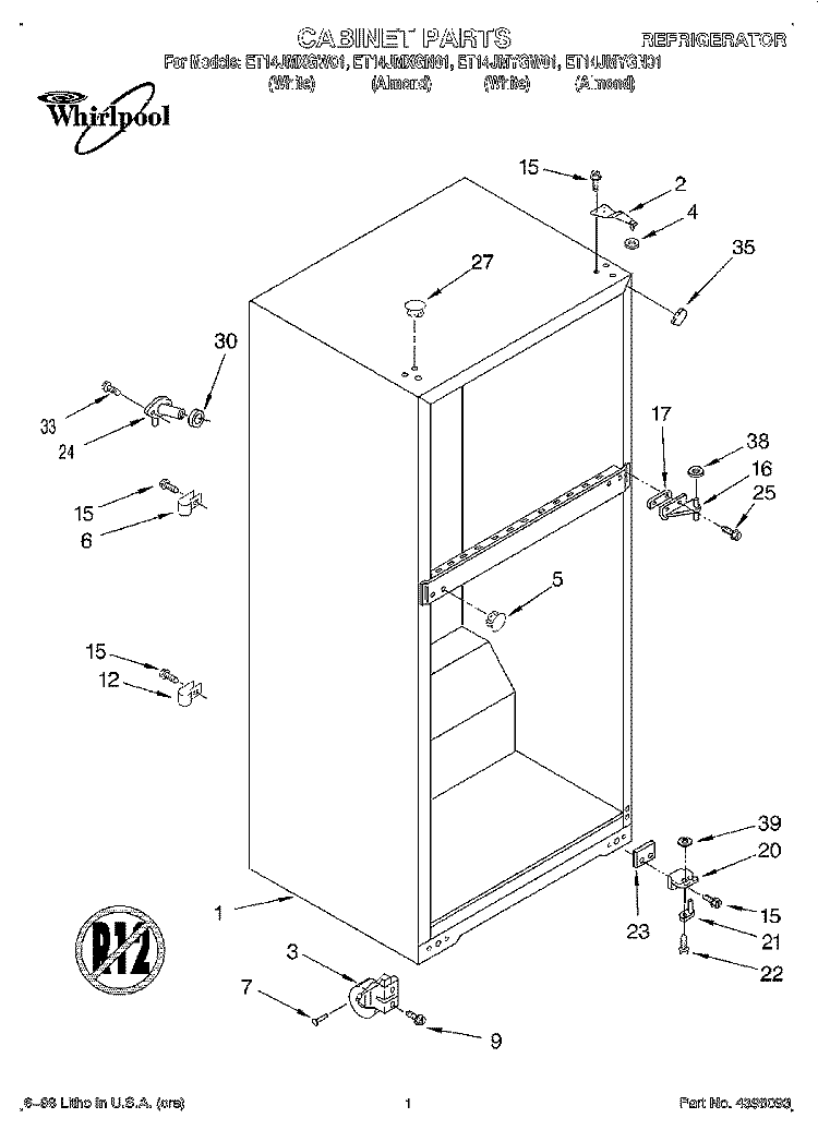 CABINET Diagram and Parts List for ET14JMXGN01  Whirlpool Refrigerator