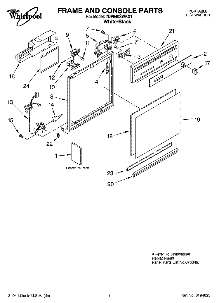 FRAME AND CONSOLE PARTS Diagram and Parts List for 7DP840SWKX1  Whirlpool Dishwasher