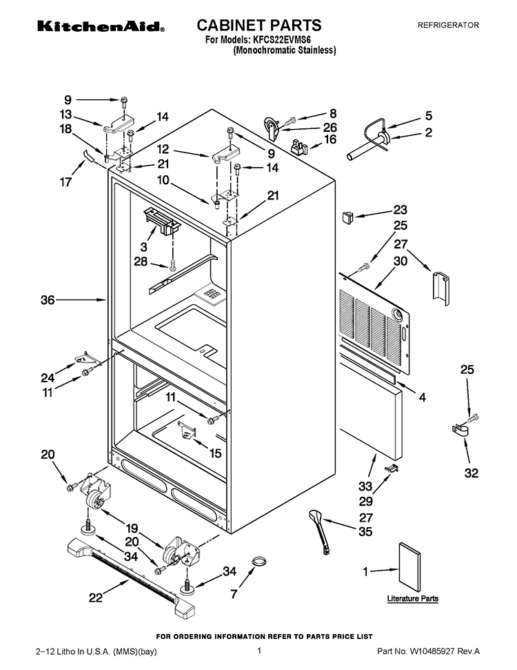 CABINET PARTS Diagram and Parts List for KFCS22EVMS6  KitchenAid Refrigerator
