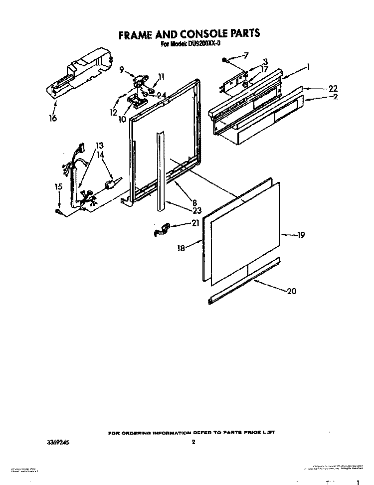 FRAME AND CONSOLE Diagram and Parts List for DU9200XX0  Whirlpool Dishwasher