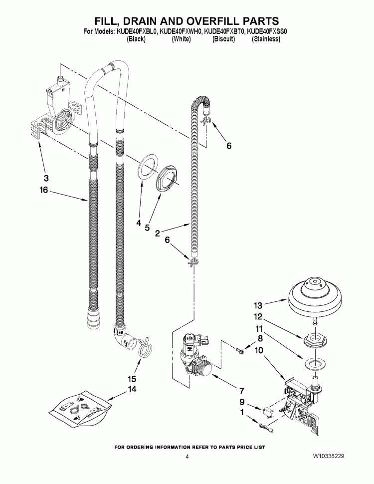 FILL, DRAIN AND OVERFILL PARTS Diagram and Parts List for KUDE40FXWH0  KitchenAid Dishwasher
