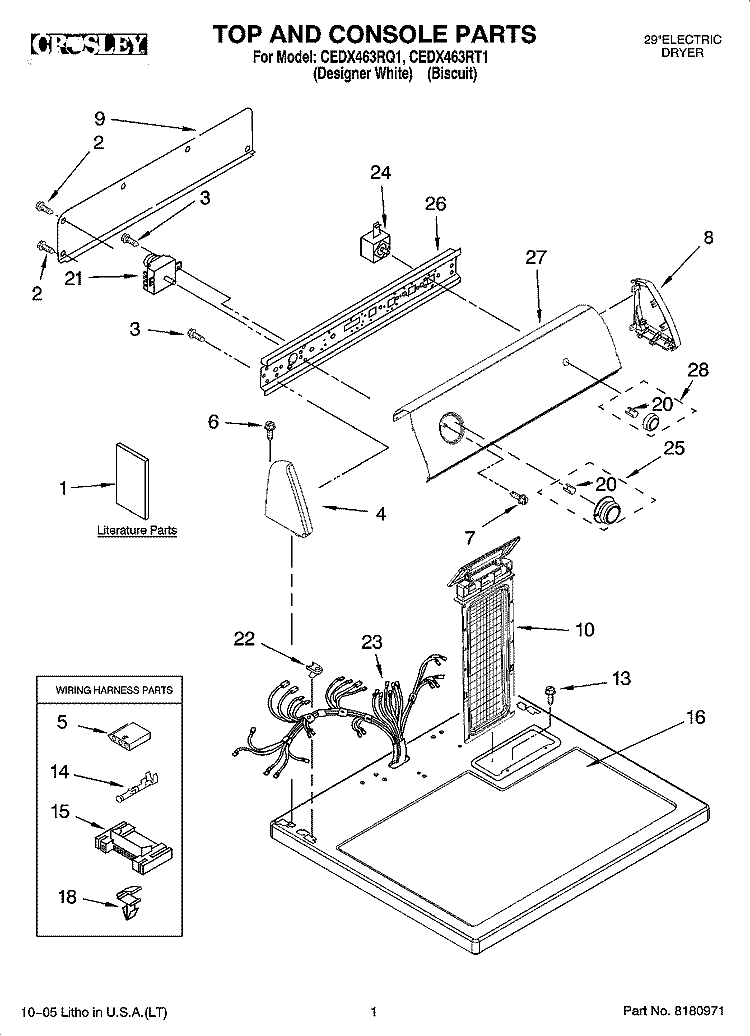 TOP AND CONSOLE PARTS Diagram and Parts List for CEDX463RT1  Crosley Dryer