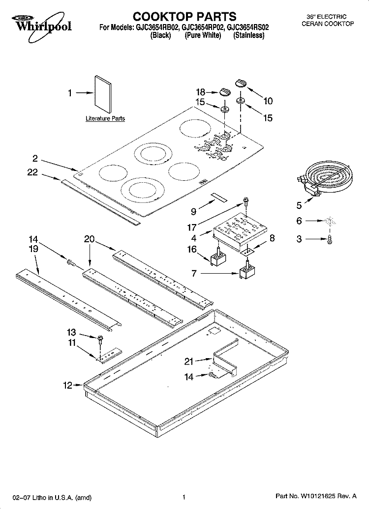 COOKTOP PARTS, OPTIONAL PARTS Diagram and Parts List for GJC3654RB02  Whirlpool Cooktop