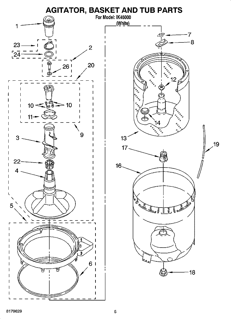 AGITATOR, BASKET AND TUB PARTS Diagram and Parts List for IK45000  Inglis Washer