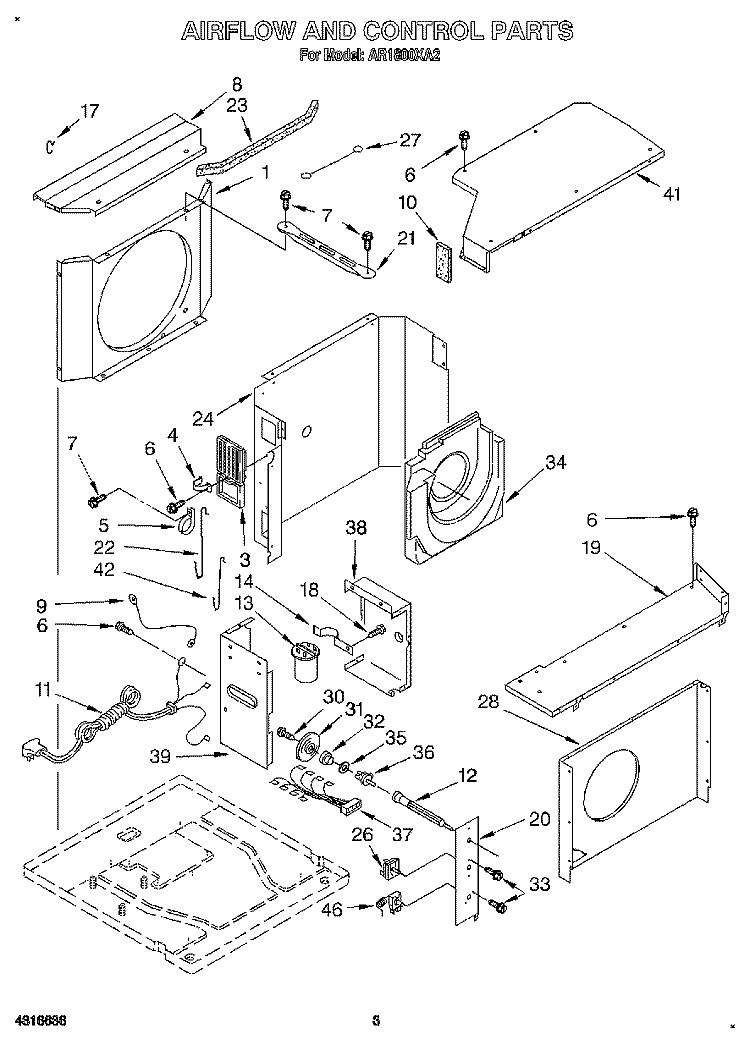 AIRFLOW AND CONTROL Diagram and Parts List for AR1800XA2  Whirlpool Air Conditioner