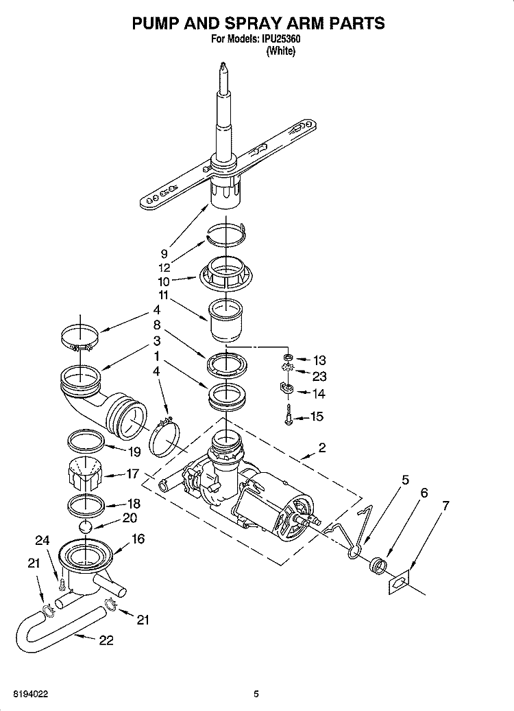 PUMP AND SPRAY ARM PARTS Diagram and Parts List for IPU25360  Inglis Dishwasher