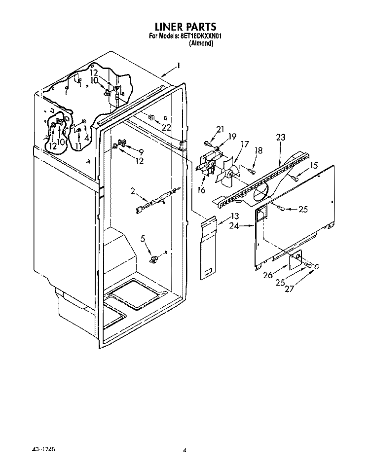 LINER Diagram and Parts List for 8ET18DKXXN01  Whirlpool Refrigerator