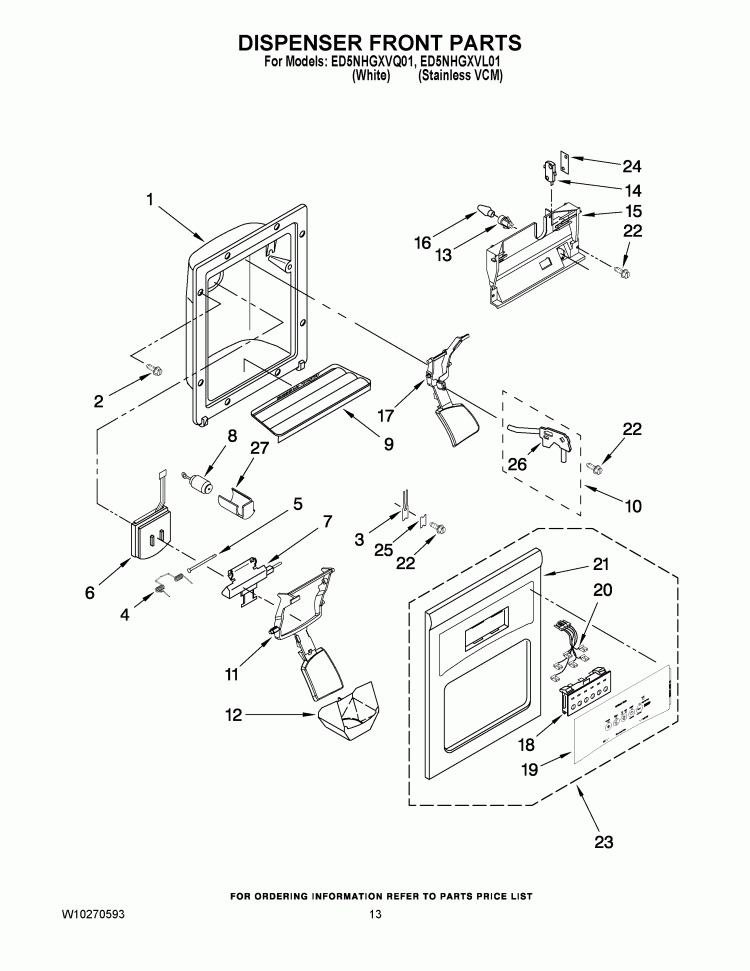 DISPENSER FRONT PARTS Diagram and Parts List for ED5NHGXVQ01  Whirlpool Refrigerator