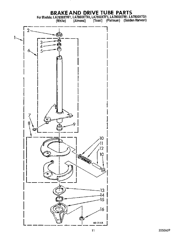 BRAKE AND DRIVE TUBE Diagram and Parts List for LA7800XTM1  Whirlpool Washer