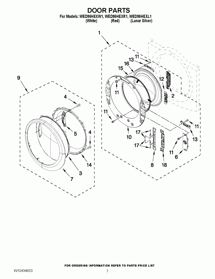DOOR PARTS Diagram and Parts List for WED95HEXL1  Whirlpool Dryer