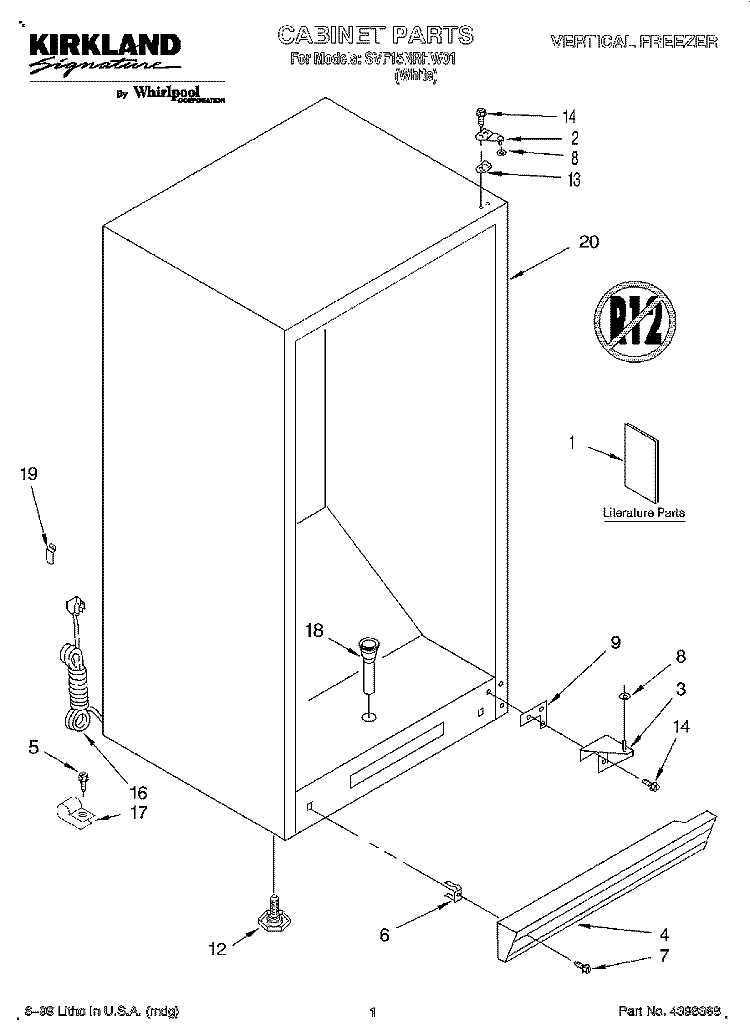 CABINET, LITERATURE Diagram and Parts List for SVF15NRHW01  Whirlpool Freezer