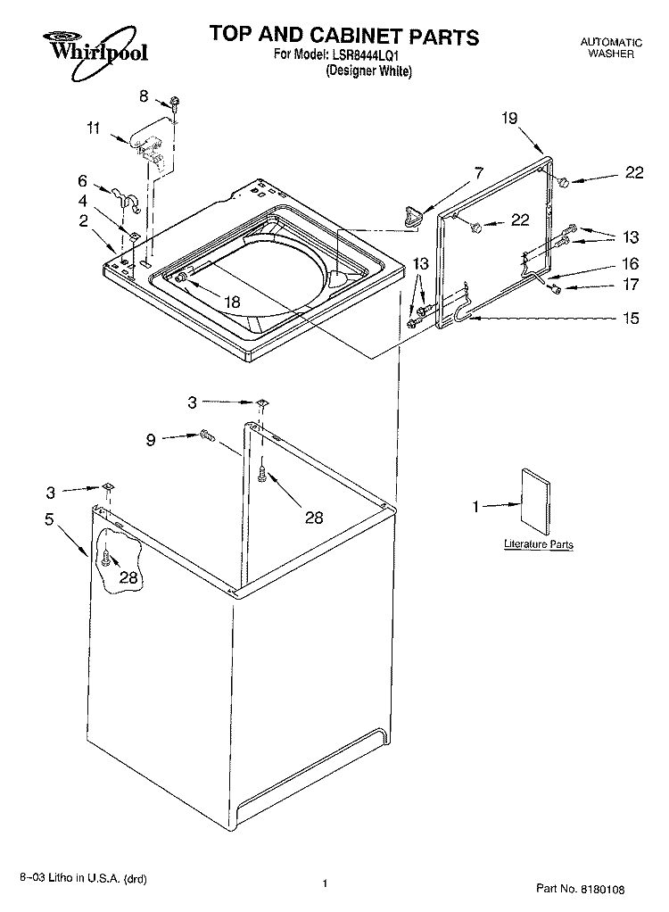 TOP AND CABINET PARTS Diagram and Parts List for LSR8444LQ1  Whirlpool Washer