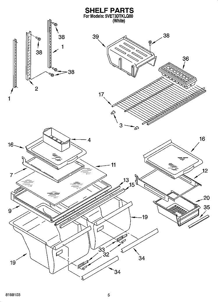 SHELF PARTS Diagram and Parts List for 5VET3DTKLQ00  Whirlpool Refrigerator