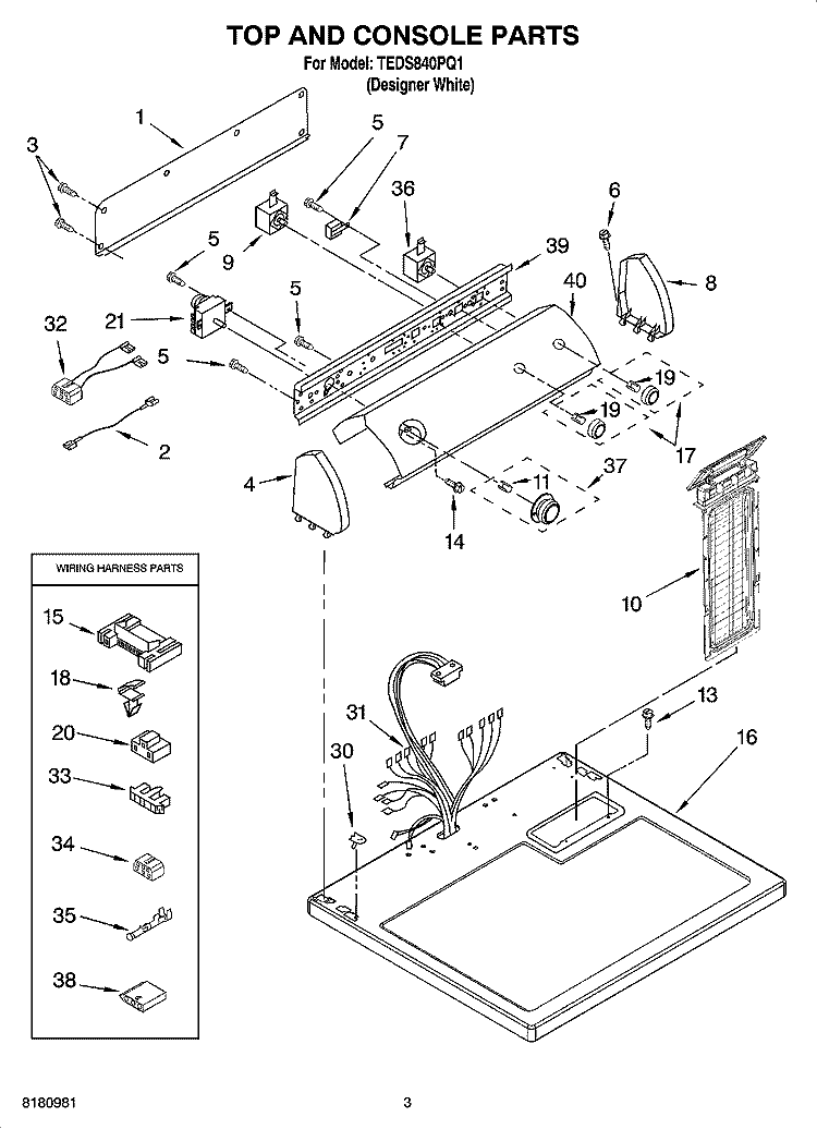 TOP AND CONSOLE PARTS Diagram and Parts List for TEDS840PQ1  Estate Dryer