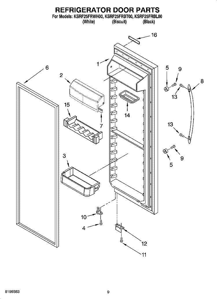 REFRIGERATOR DOOR PARTS Diagram and Parts List for KSRF25FRBL00  Whirlpool Refrigerator