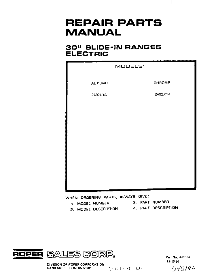 FRONT COVER Diagram and Parts List for 2492L1A  Roper Range