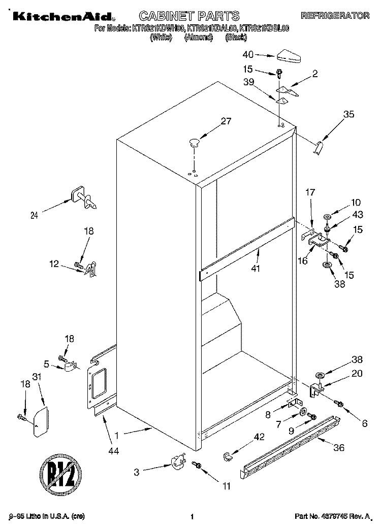 CABINET Diagram and Parts List for KTRS21KDAL00  KitchenAid Refrigerator