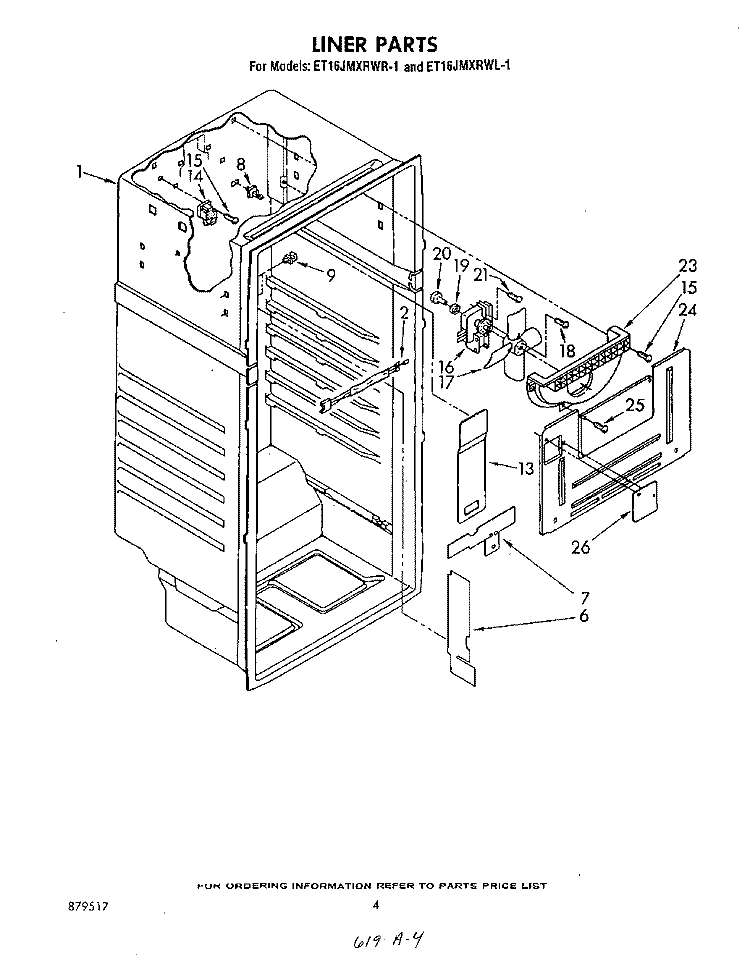 LINER Diagram and Parts List for ET16JMXRWR1  Whirlpool Refrigerator