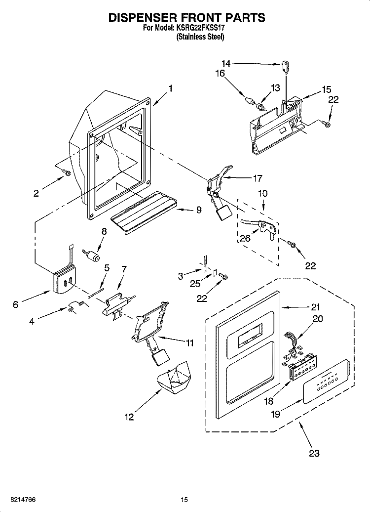DISPENSER FRONT PARTS Diagram and Parts List for KSRG22FKSS17  KitchenAid Refrigerator