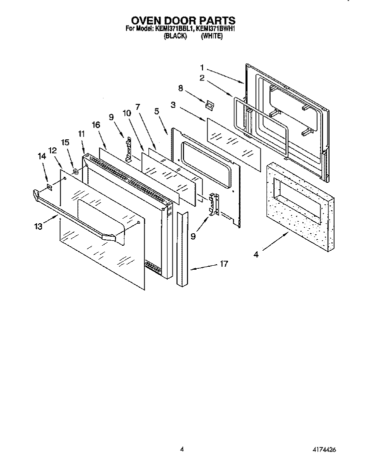 OVEN DOOR Diagram and Parts List for KEMI371BBL1  KitchenAid Wall Oven