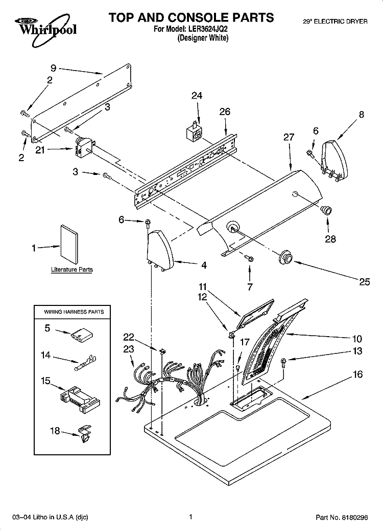 TOP AND CONSOLE PARTS OPTIONAL PARTS (NOT INCLUDED) Diagram and Parts List for LER3624JQ2  Whirlpool Dryer