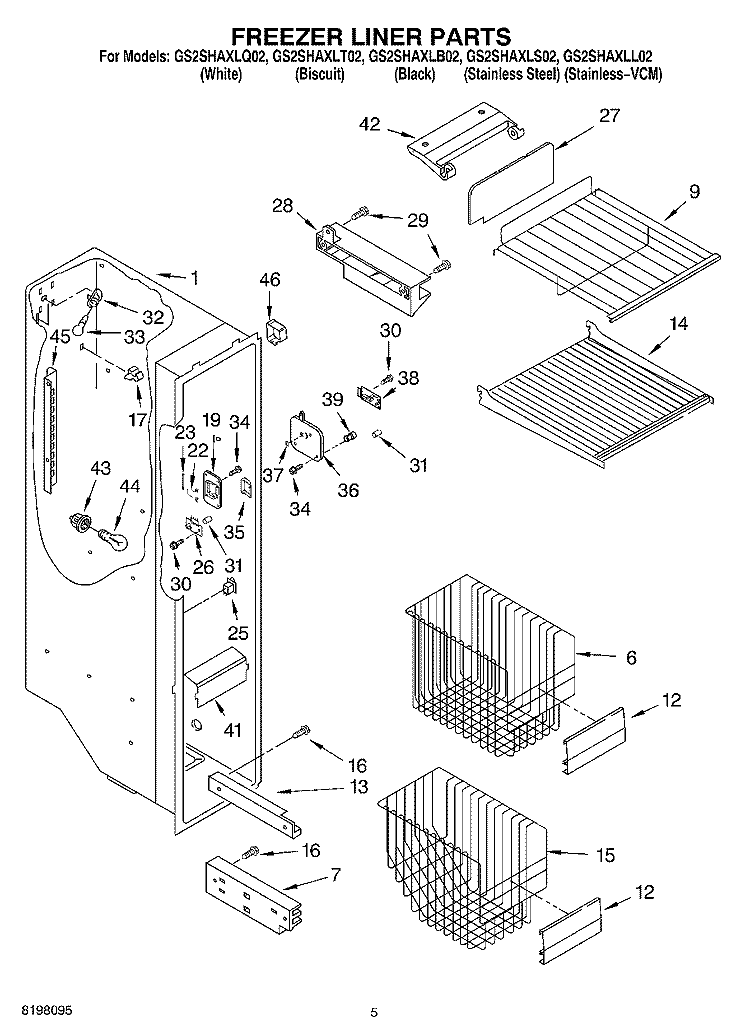 FREEZER LINER Diagram and Parts List for GS2SHAXLS02  Whirlpool Refrigerator