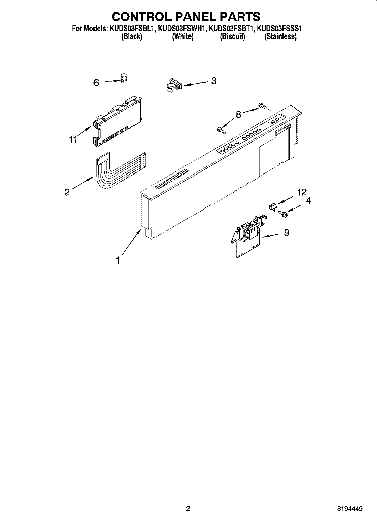CONTROL PANEL PARTS Diagram and Parts List for KUDS03FSBT1  KitchenAid Dishwasher