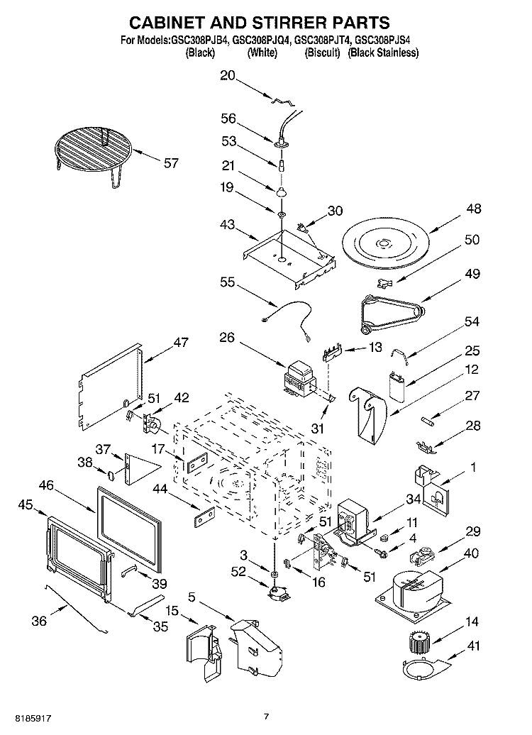 CABINET & STIRRER Diagram and Parts List for GSC308PJB4  Whirlpool Microwave Oven Combo