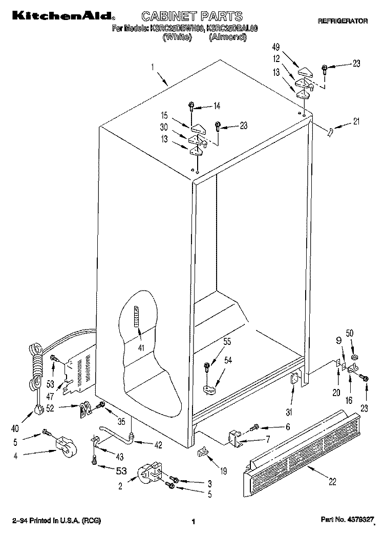 CABINET Diagram and Parts List for KSRC25DBAL00  KitchenAid Refrigerator