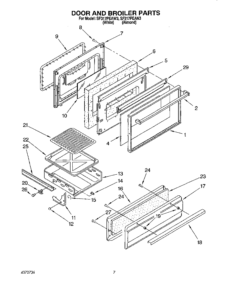 DOOR AND BROILER Diagram and Parts List for SF317PEAN3  Whirlpool Range