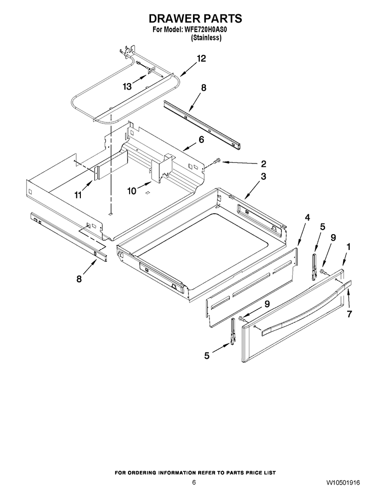 DRAWER PARTS Diagram and Parts List for WFE720H0AS0  Whirlpool Range