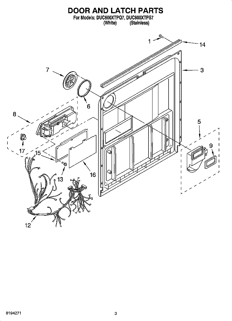 DOOR AND LATCH PARTS Diagram and Parts List for DUC600XTPS7  Whirlpool Dishwasher