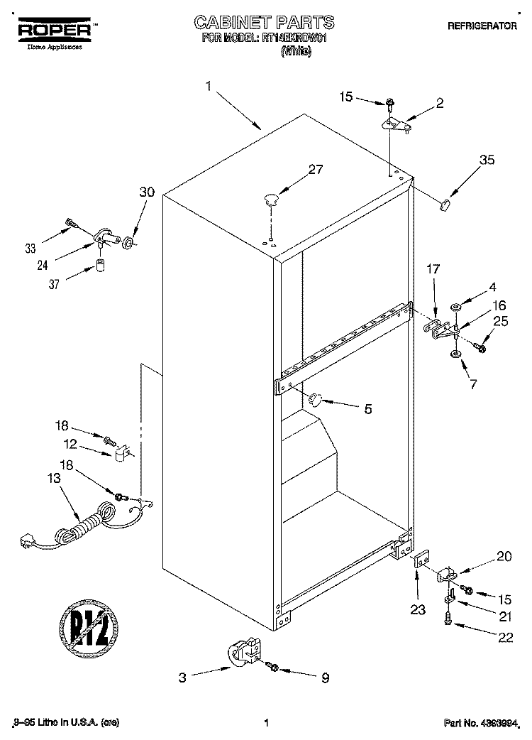 CABINET Diagram and Parts List for RT14EKRDW01  Roper Refrigerator