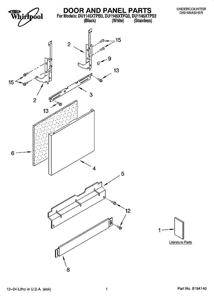 DOOR AND PANEL PARTS Diagram and Parts List for DU1145XTPQ3  Whirlpool Dishwasher